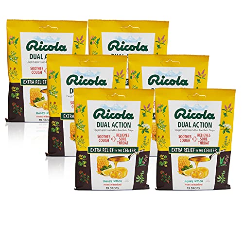 Ricola Dual Action Honey Lemon Herbal Cough Suppressant Throat Drops, 19ct Bag (Pack of 6)