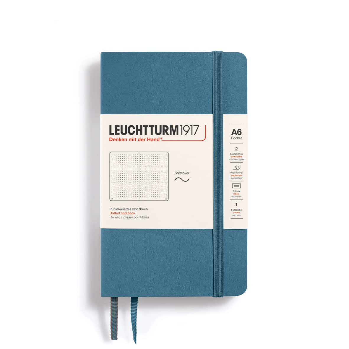 LEUCHTTURM1917 365649 Notebook Pocket (A6), Softcover, 123 Numbered Pages, Stone Blue, Dotted