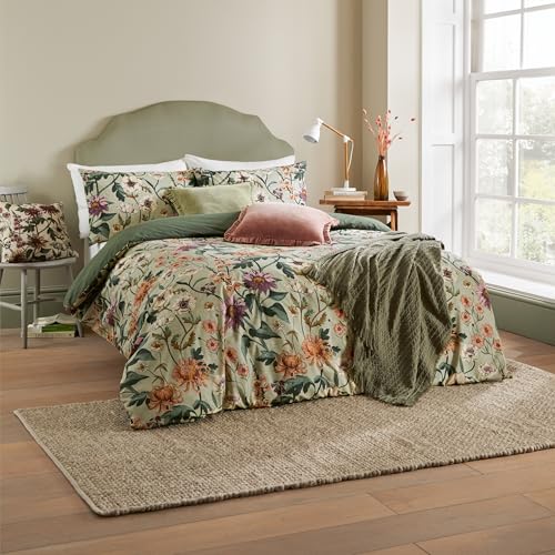 Wylder Nature Wallflower Botanical Duvet Cover Set – Vintage Botanics Linen Look (Celadon Green – Double)