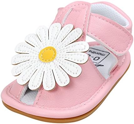 QGAKAGO Toddler Baby Girls PU Leather Flower Summer Sandals Closed Toe Rubber Sole Sandals (3 M, Pink & White)