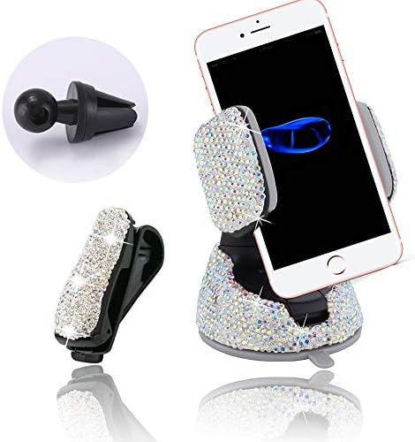 Bling Crystal Car Phone Holder Mount,Universal 360°Adjustable Auto Phone car Holder for Dashboard,Air Vent and Windshield,Bing car assecories for Women（Silver）