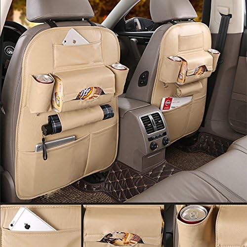 Car Back Seat Organizer Protector and iPad mini Holder Bag -1PC Travel Accessories Toy Storage Bag with Tablet Holder for Kids, Storage Bottles, Tissue Box, Backseat Cover, Kick Mats, Umbrella (Beige)