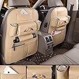 Car Back Seat Organizer Protector and iPad mini Holder Bag - 1 PACK Travel Accessories Toy Storage Bag with Tablet Holder for Kids, Storage Bottles, Tissue Box, Backseat Cover, Kick Mats (Beige)