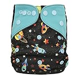 All-in-one Cloth Diaper Shell with Double Gussets, Snap Buttons, One Size (Rocket)