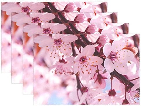 Ethel Ernest Pink Cherry Blossom Flowers Heat-resistant Placemats, Polyester Tablemat Place Mat for Kitchen Dining Room Set of 6