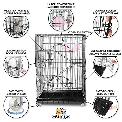 Petsmatig-Wire-Cat-Cage-Spacious-Foldable-Metal-Pet-Crate-Playpen-with-3-Openings-3-Platforms-3-Ladders-1-Hammock-1-Bottom-Tray-4-Wheels-and-Free-Grooming-Gloves