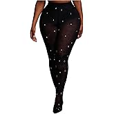 SOLY HUX Women's Plus Size Rhinestone Mesh Sheer Leggings High Waisted Tights Skinny Party Club Pants