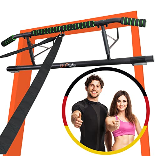 DH FitLife Barra per Trazioni da Porta | Impugnature Multiple | Senza Viti | Sbarra Trazioni 200 kg | Pull Up Bar Pieghevole | Montaggio Facile e Veloce | Elastici Trazioni Inclusi | Per Porta 70–92 cm