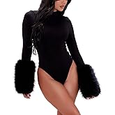 THLAI Black Bodysuits for Women Mock Neck Faux Fur Cuff Long Sleeve Body Suits Going Out Tops Sexy Club Outfits Romper