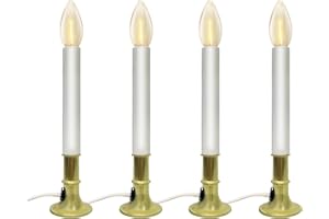 EGCOL 4 Pack Electric Christmas Window Candle Lamp, Gold Brass Plated Base Candle Lights with C26 LED Bulbs, Dusk-to-Dawn Auto Sensor, 5 Foot White Cord Plug in Ready to Use!