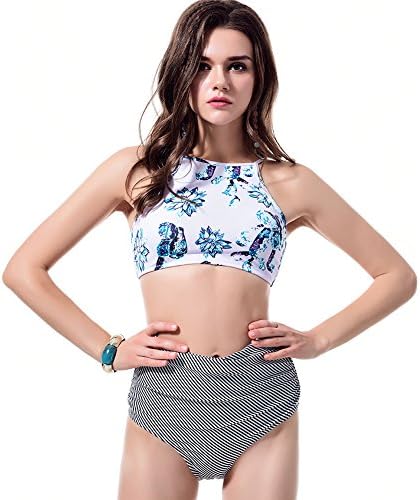 GIRL AND SEA Women's Floral Printing High Waisted Tank Padded Bikini Bathing Suit Small