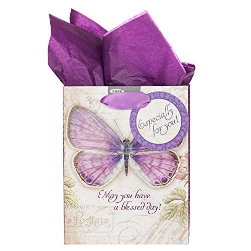 Christian Art Gifts Purple Gift Bag Set | Botanic Butterfly Blessed Day Numbers 6:24 Bible Verse | Small Gift Bag with Tissue Paper for Women