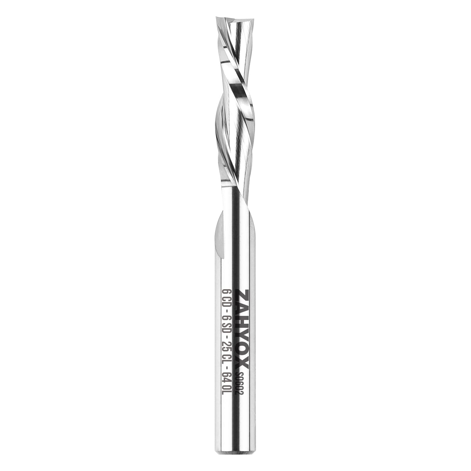 ZahyoX Solid Carbide Cutter CNC Spiral Router Bit with 6mm Shank, 2 Flutes, 6mm x 25mm Size, Downward Spiral for Wood, Plastics & Soft Metals