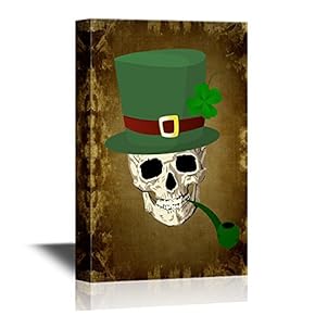 Canvas Wall Art - Skull with Four Leaf Lucky Clover - Gallery Wrap Modern Home Art | Ready to Hang - 12x18 inches