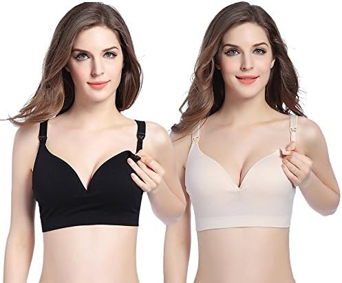Women's Maternity Nursing Bra Padded Wirefree Seamless Push Up Sleep 2-Pack Bras , 2-pack(Black&amp;Nude) , M(Fit for 34A 34B 36A 36B 38A 38B)