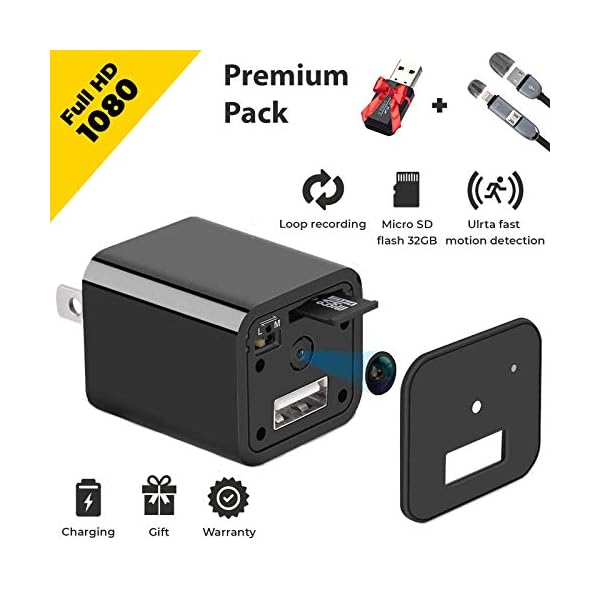 Spy Camera HD 1080P Hidden Camera Usb Wall Charger Premium Pack