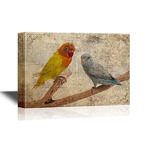 Birds and Poultry Canvas Wall Art - Two Parrots Standing on The Branch - Retro Style Gallery Wrap Modern Home Art | Ready to Hang - 12x18 inches