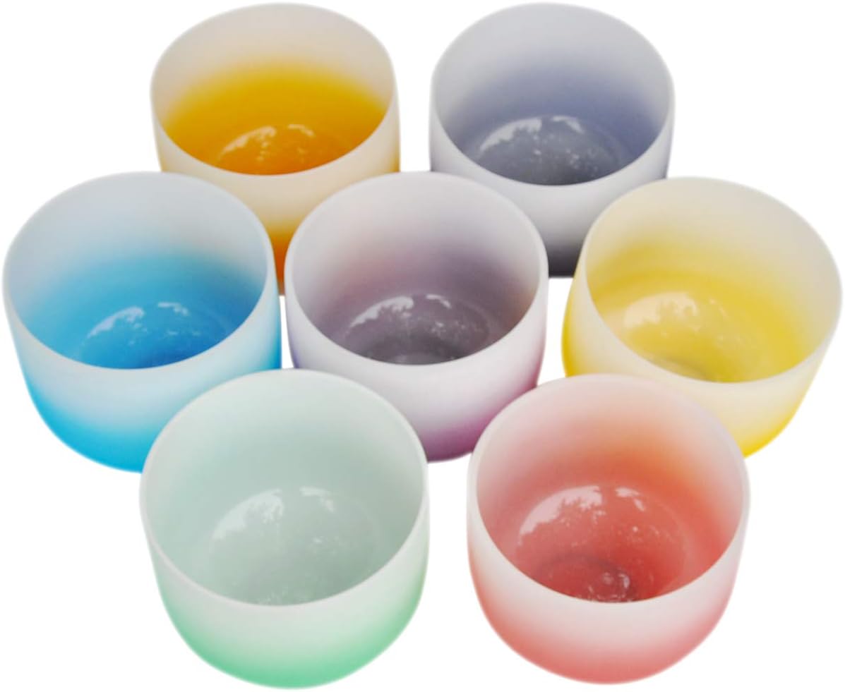 Frosted Crysatl Singing Bowls Colorful Crystal Singing Bowl 432Hz Note CDEFGAB Chakra Tuned Set of 7PCS 6-12 Inch O-Ring and Mallet Included Yoga Meditation Healing Tool