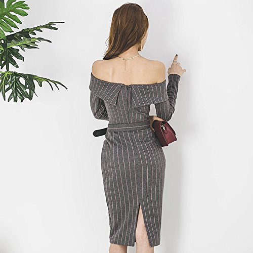 MOMO Spring and Autumn Women'S Strapless Collar Stripes Cultivating Professional Bag Hip Long Dress,Gray,L - Thumbnail 2