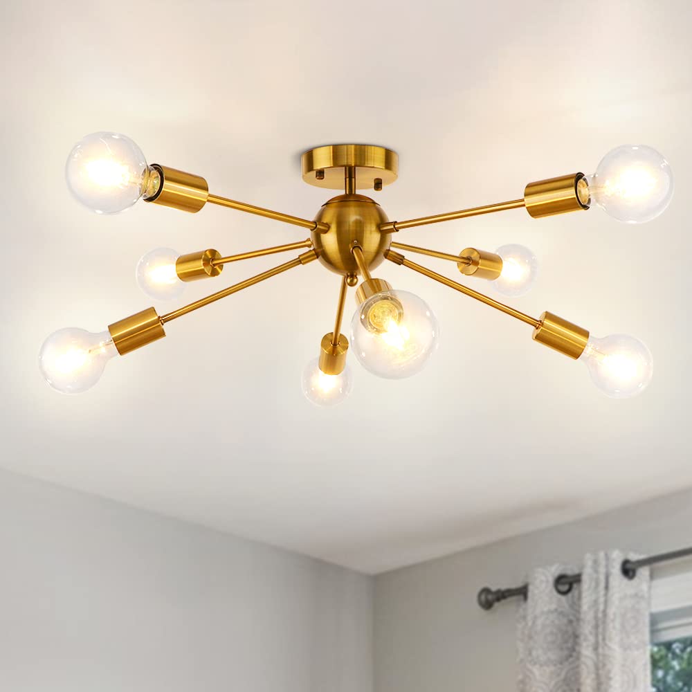 LynPon Modern Sputnik Ceiling Light 8-Light Brushed Brass Finish Mid Century Lighting Fixture Gold for Living Room Bedroom Kitchen Bar Restaurant