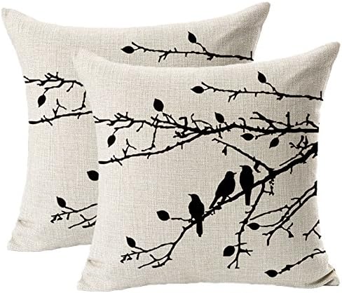 Jahosin Set of 2 Throw Pillow Cases Shell Vintage Birds Branches, Black Decorative Cushion Cover 18 X 18 Inches (Black Branches)
