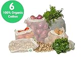 Reusable Cotton Mesh Produce Bags - 100% Organic Cotton, Durable, Double Stitched, Washable with Tare Weight & Drawstring - Mesh Bags for Grocery Shopping, Vegetables & Fruits | 6 Bags (2L, 2M, 2S)