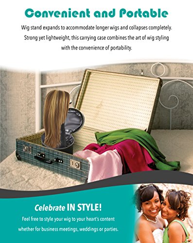 Wig Head and Travel Case - 2 Piece Travelling Kit - Adjustable Length Stand For Home or Salon - Portable Carrying Box - Green Case with Black Head - by Adolfo Design