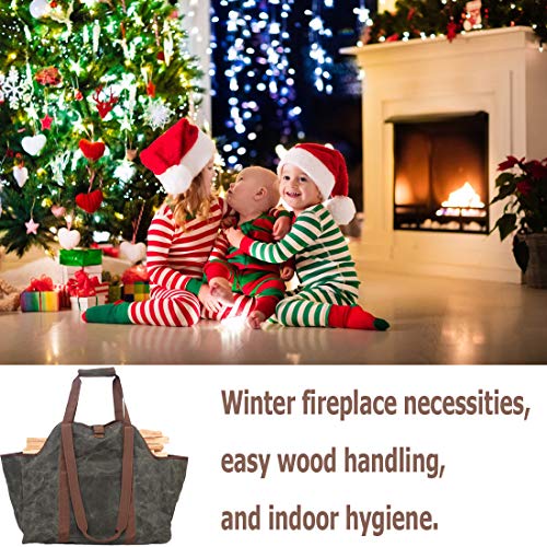 GERYMU Firewood Carrier Canvas Tote Bag with Pocket, Fireplace Tools Wood Rack Waterproof, Fire Pit Log Accessories Double Handle (Dark Green)