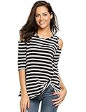Halife Women's Cold Shoulder 3 4 Sleeve Twist Knot Front Blouses Striped Tshirts