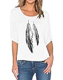 Romastory Womens Street Style Feather Pattern T-shirts Casual Loose Top Tee Shirts (M, White)