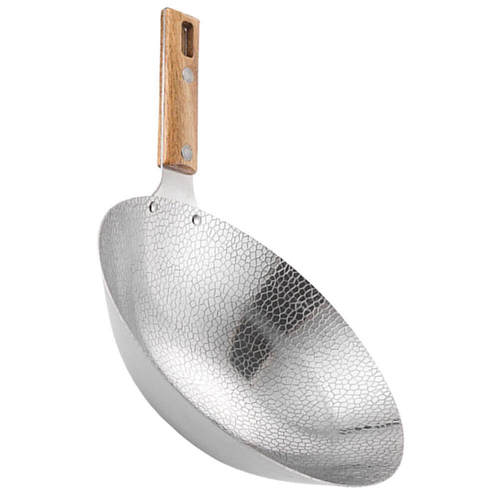 BESTonZON Chinese Stainless Steel Deep Frying Pan with Wooden Handle - Hot Pot Shabu Traditional Binaural Wok - 22CM