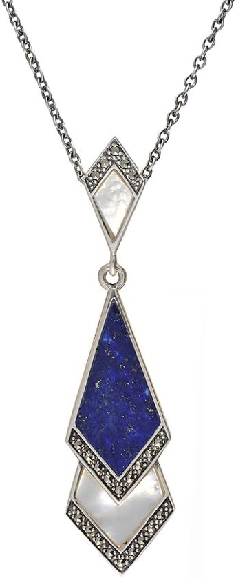 Esse MarcasiteSterling Silver Mother Of Pearl & Semi Precious Inlay Art Deco Pendant with 46cm Antiqued Chain