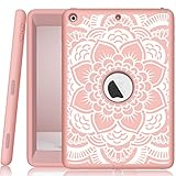iPad 5th/6th Generation Case, Hocase Heavy Duty Shock Absorbent Rubber+Hard Plastic Dual Layer Protective Case w/ Mandala Floral Print and Kickstand for iPad 9.7 2018/2017 - Rose Gold