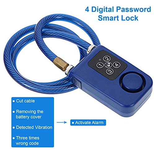 Solebe Wireless Anti-Theft Vibration Alarm Lock 115dB Bicycle Bike Motorcycle Security Lock with Steel Cable Keyless Password or Remote Control for Lock/Unlock IP55 for Indoor & Outdoor Use (Blue)