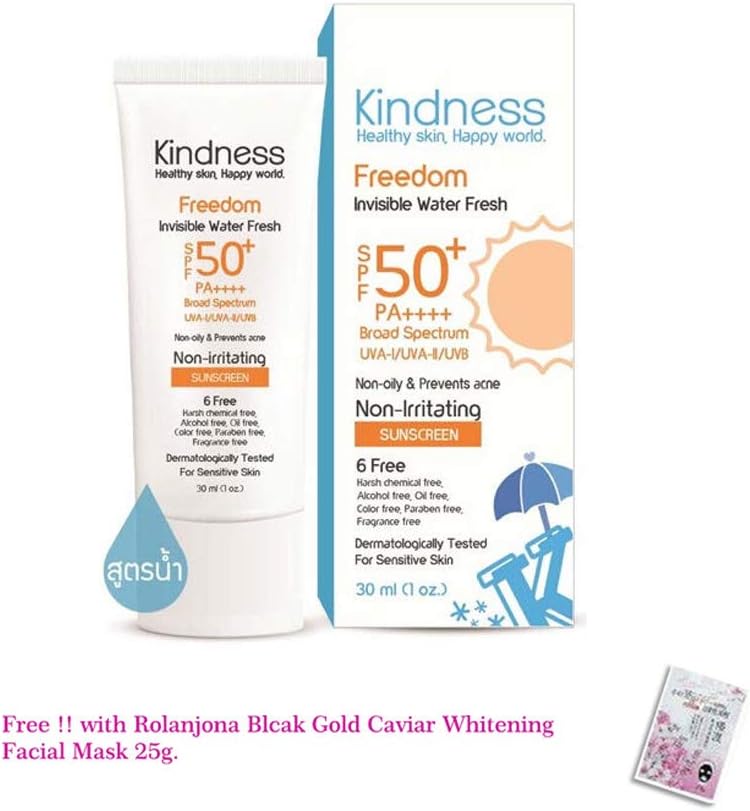 KINDNESS FREEDOM INVISIBLE WATER FRESH SPF50 + PA ++++ BROAD SPECTRUM NON OILY SUNSCREEN NON IRRITATING SUITABLE SENSITIVE SKIN 6 FREE[GET FREE TOMATO FACIAL MASK]