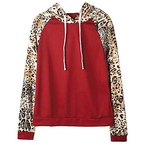 image for XOWRTE Women's Leopard Sleeve Patchwork Hooded Loose Sweatshirt Winter
