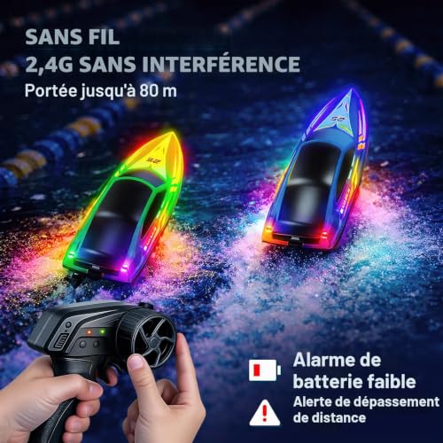 RC RC Boats 2 Pack 7 Modes LED 15km/h Speed 2.4GHz Remote Control Self Straightening Battery & Range Alerts 4 Rechargeable Batteries Pool & Lake Gift Boys Girls Gift