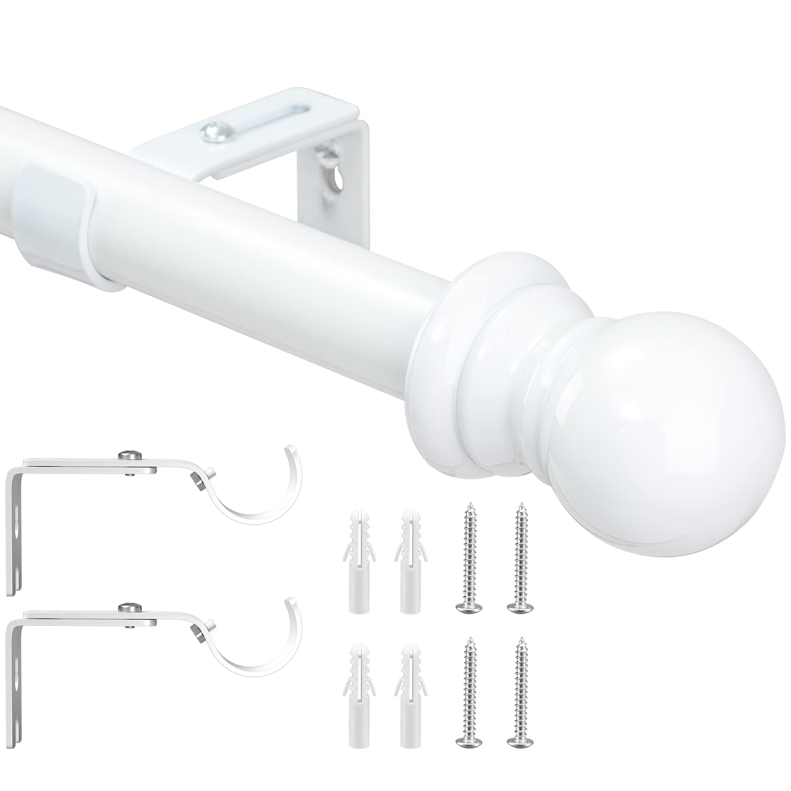 Harrms Curtain Poles for Eyelet Curtains, 76-369cm, White Curtain Rod Metal Extendable, Room Darkening Blackout Curtain Pole 2.5cm Thickness with Round Finials for Living Room, Bathroom, Bedroom