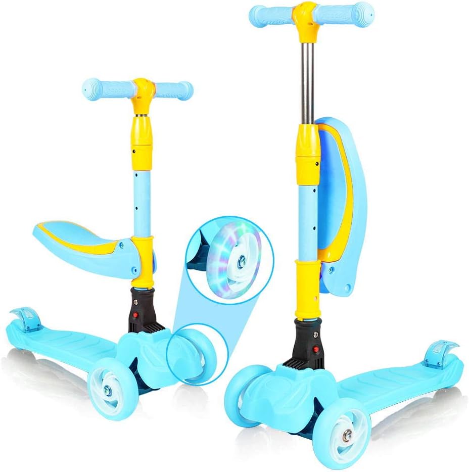 UFLIZOGH Scooter for Kids with Seat Adjustable Height 3 Wheels Kick Scooters LED Light up Wheels for Boys and Girls 2-6 Years Support 110Lbs