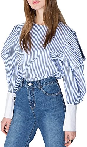 HAOYIHUI Women's Vertical Stripe Crewneck Long Balloon Sleeve Blouse Top(L,Striped)