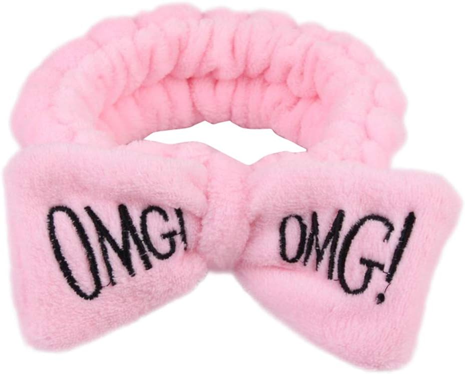 Aland Cute Women Letter Bowknot Plush Headband Face Washing Hair Band Elastic Headwear Pink
