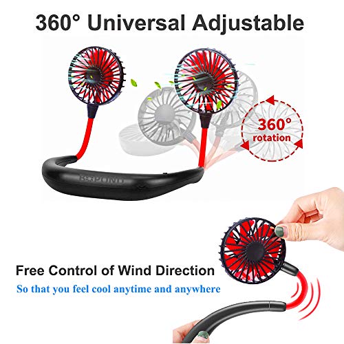 Portable Neck Fan USB Rechargeable Mini Hand Free Personal Fan 2000mA 3 Adjustable Speed Wearable Neckband Fan for Camping Traveling Office Room