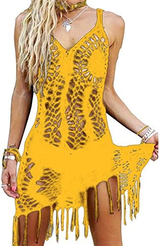 CXINS Women's Sexy Handmade Crochet Bikini Swimsuit Cover Hollow Out Tassels Beach Dress Size XL Yellow