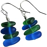 Green & Blue Sea Glass Pebble Earrings Silver Plated Usa Handmade