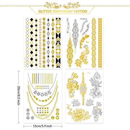 Temporärer Tattoo Hiroumer Flash Tattoos für Festival, Aufkleber Wasserdicht Metallic Sillber Tattoo 10 Stück Gesicht Tattoos Sticker für Damen Kinder Frauen für Party Festival Shows