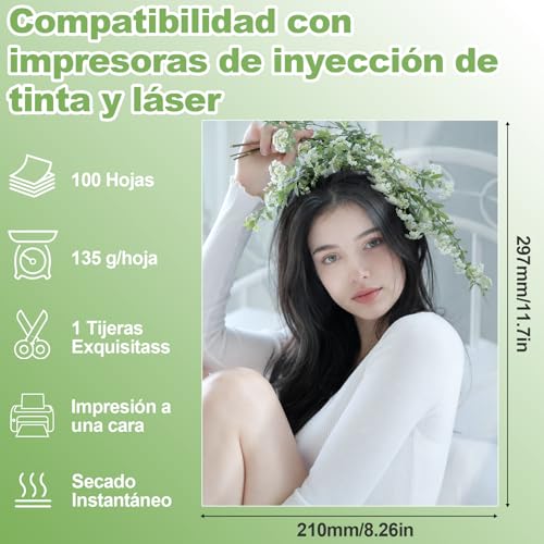 OFICHIDO - (100 Hojas) Papel Fotográfico Adhesivo Glossy 135 Gramos - tas A4 Y Brillante+tijera