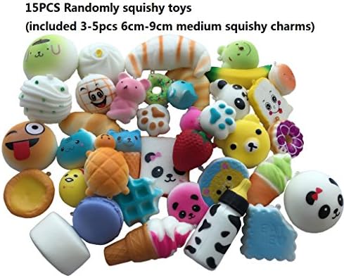Gashion 15PCS Random Mini Medium Squishy Charms Toys Bread Bun Panda Donuts Food Phone Bags Straps