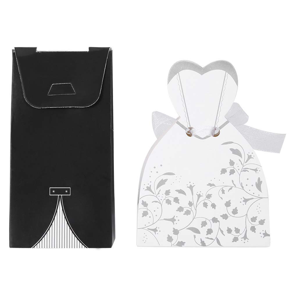 HERCHR 50 Pairs Black White Paper Gift Boxes for Wedding, Birthday, Christmas, Special Occasions; Bride & Groom Sizes: 9.3 x 6.5 x 3.8 cm & 10 x 5 x 3 cm; DIY Wedding Favor Boxes with Ribbons