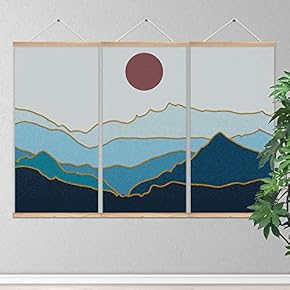 3 Panel Hanging Poster Wooden Framed Sun and Mountain Home Wall Canvas Prints Ready to Hang - 18"x36"x3 Panels
