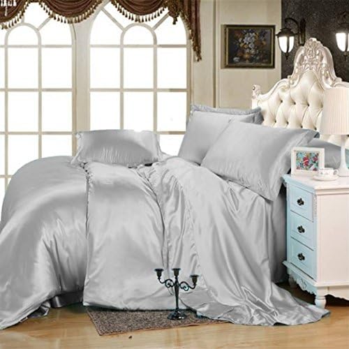Precious Linen's Silky Soft Solid Matte-Satin 3-Pc Duvet Cover Set King/Cal-King, Silver grey